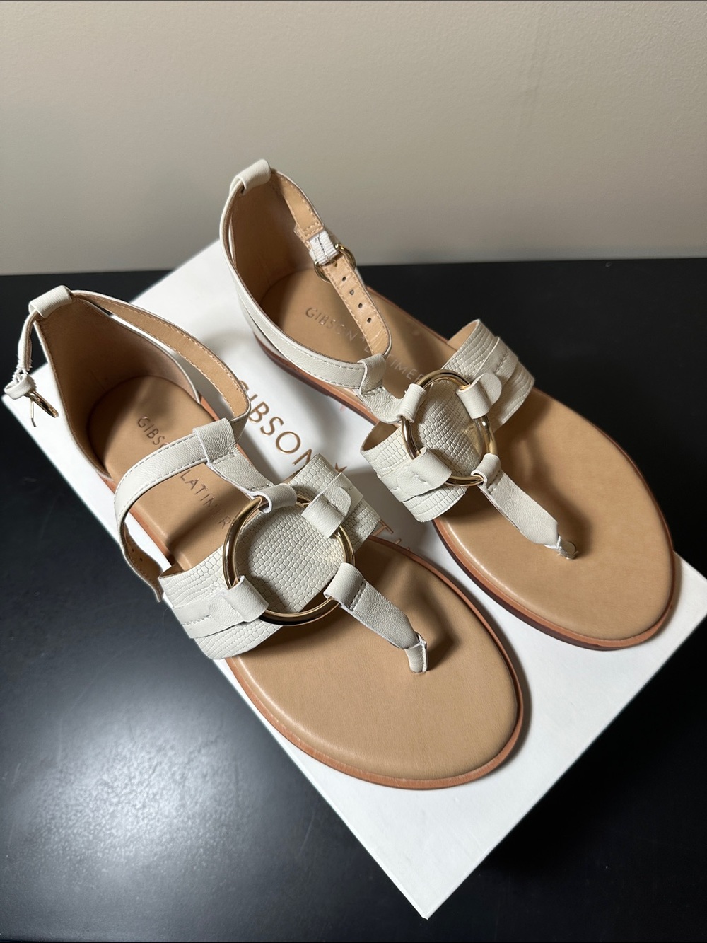 Gibson Latimer Ivory Leather Thong Sandals with Gold Ring Accent